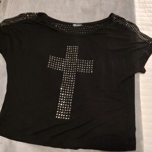 Vocal Black Studded Cross Short Sleeve Top